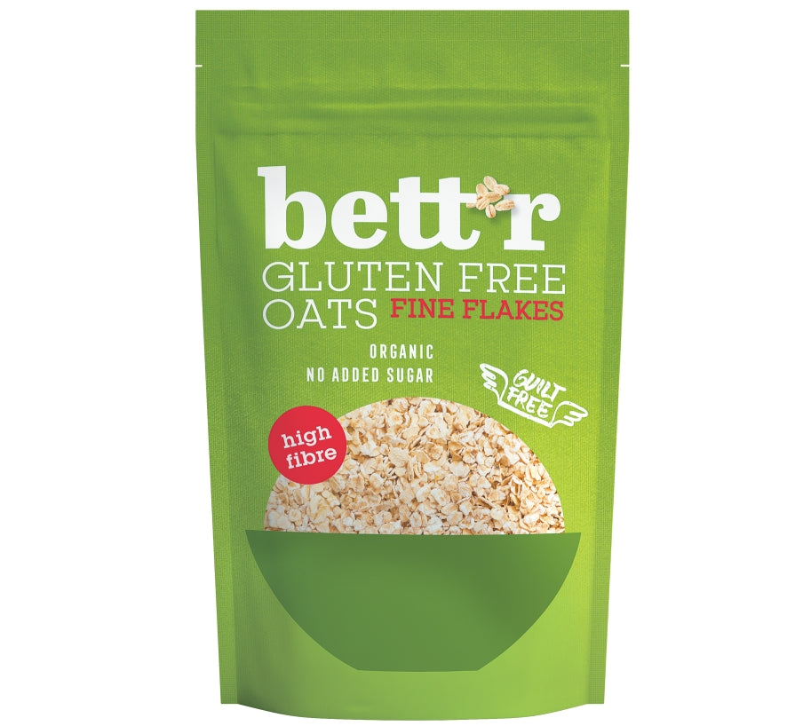 Fulgi de ovăz fini fără gluten eco 300g Bettr, ambalaj verde, text alb și roșu.