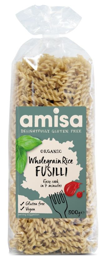 Fusilli din orez integral fără gluten eco 500g Amisa în ambalaj transparent cu etichetă verde și albă.