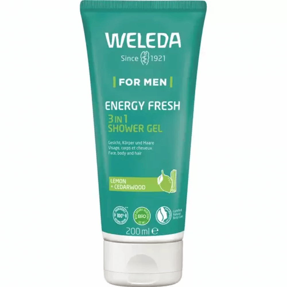 Gel de duș Energy 3 în 1 pentru bărbați Weleda, 200ml, tub verde.