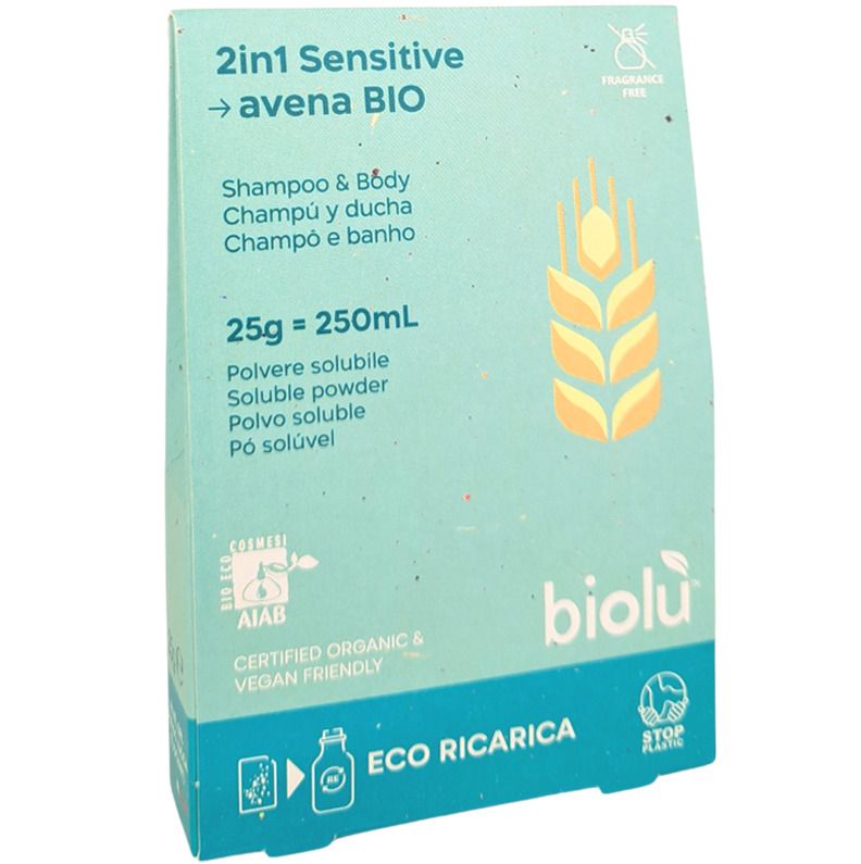 Gel de duș-șampon bio pudră Biolu, eco-refill 25g, ambalaj albastru.