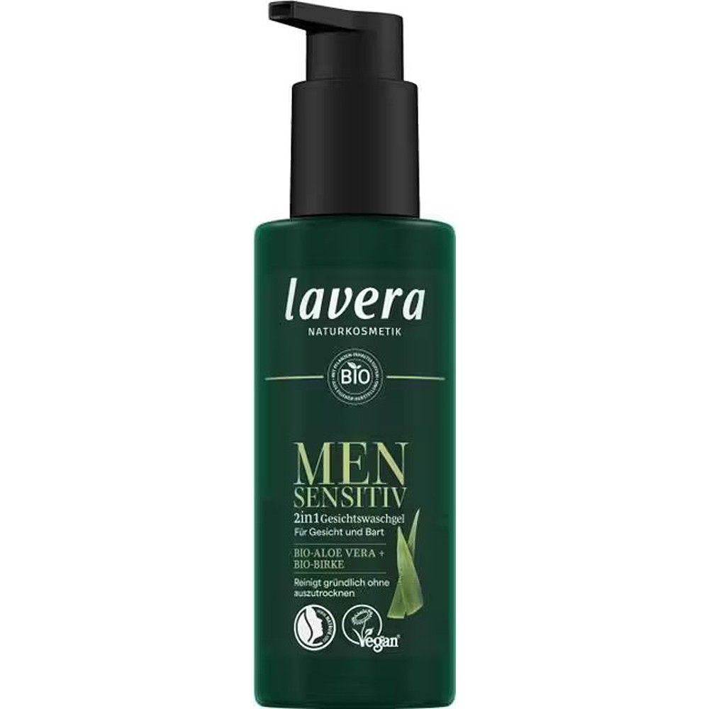 Gel sensitiv 2 în 1 Lavera bărbați, aloe vera și mesteacăn bio, flacon verde 150ml