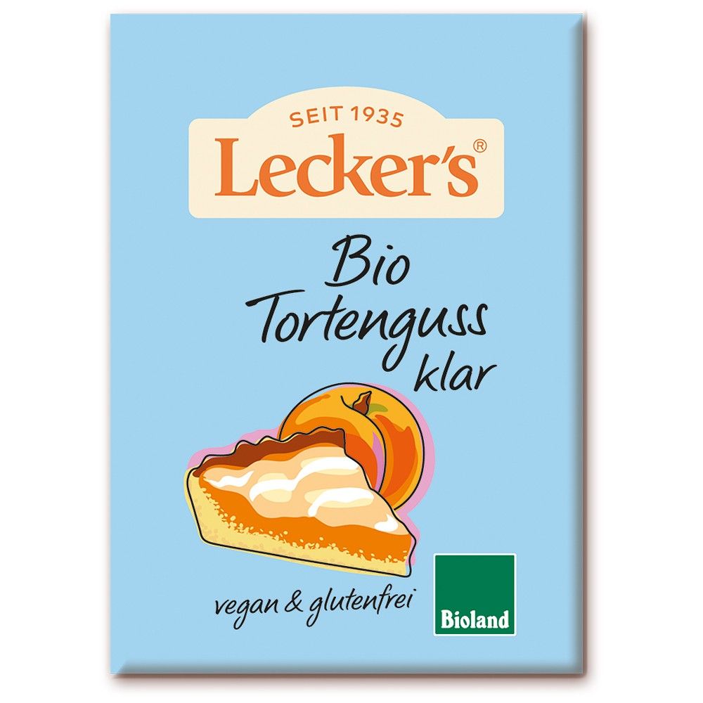 Gelatina vegană incoloră fără gluten, 20g, Leckers, ambalaj albastru cu ilustrație prăjitură și piersică.