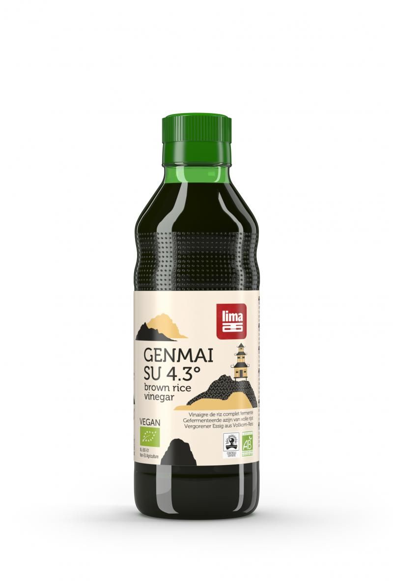 Sticlă Genmai Su oțet din orez brun bio 250ml cu etichetă crem și capac verde.