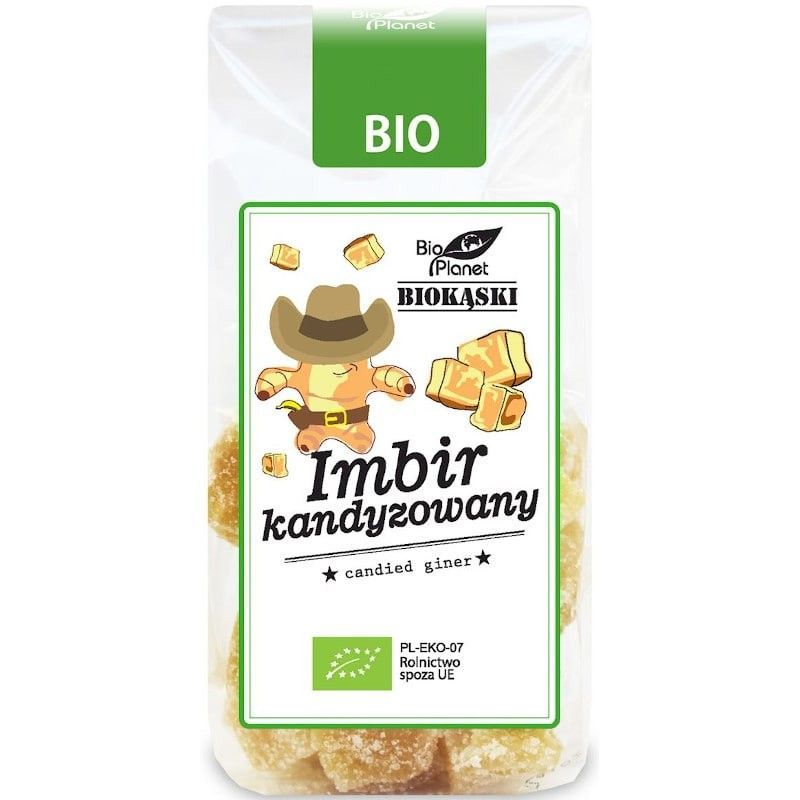 Ghimbir confiat Bio Planet 100g, ambalaj alb-verde, cuburi aurii.