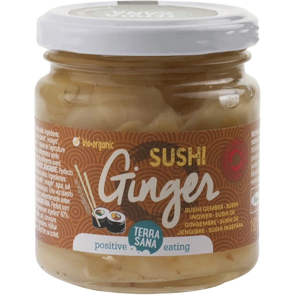 Ghimbir murat bio Terrasana pentru sushi, 190g, borcan cu etichetă și capac alb.