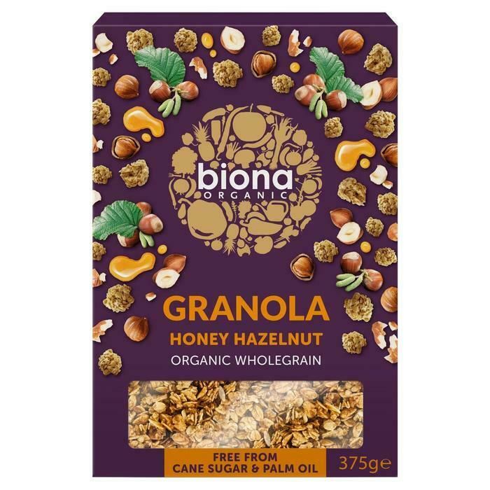 Granola cu miere și alune de pădure bio Biona 375g, ambalaj mov, fără zahăr, ingrediente naturale.