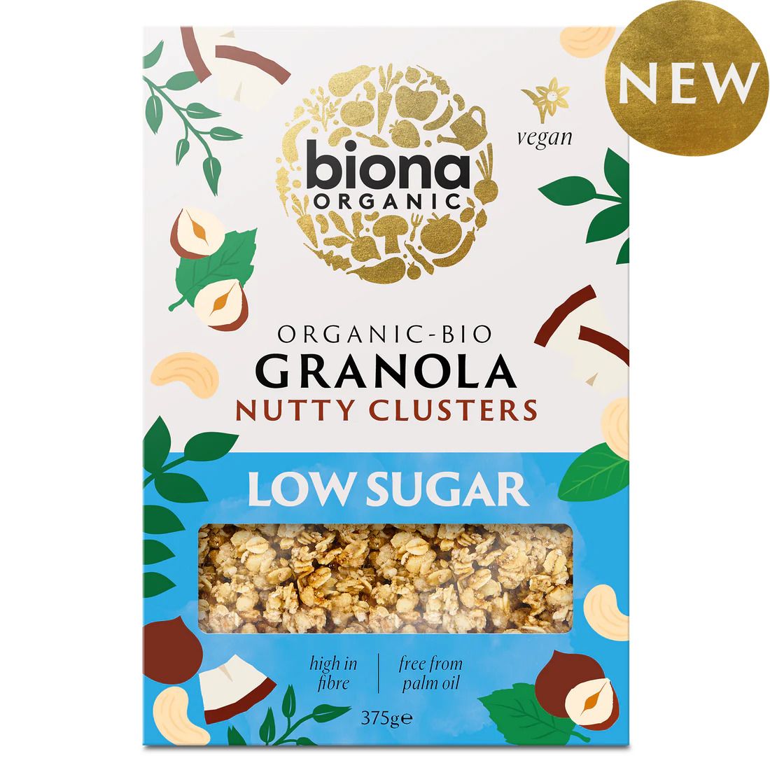 Granola bio cu nuci și zahăr scăzut Biona, 375g, ambalaj colorat.