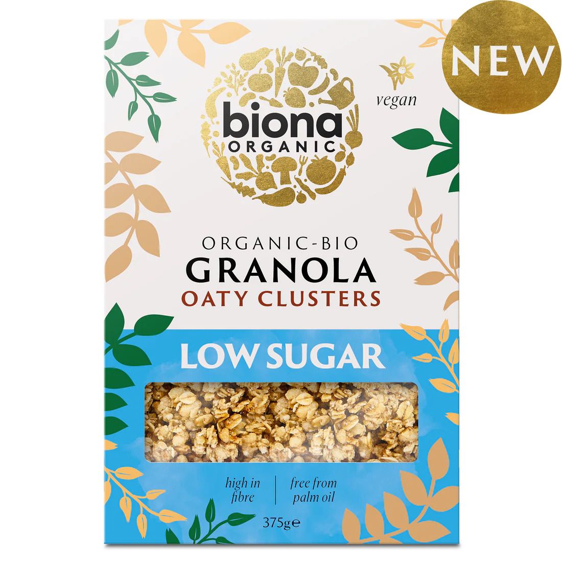 Granola bio cu ovăz, conținut scăzut de zahăr, 375g, Biona, ambalaj albastru și design natural.