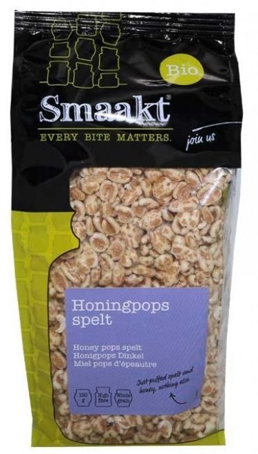 Grau spelta expandat cu miere bio Smaakt, ambalaj negu și galben, 150g.