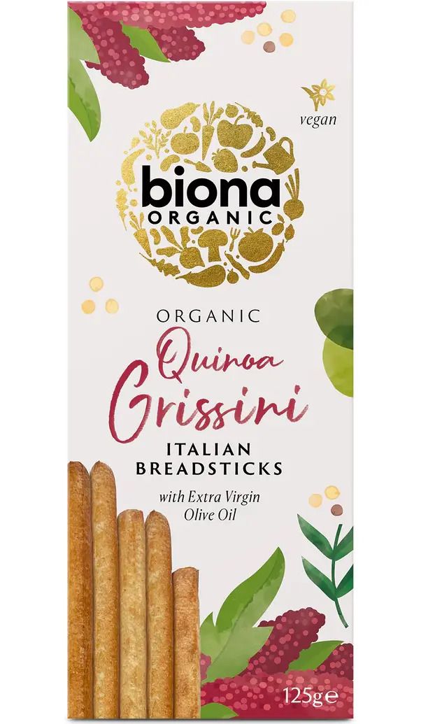 Grisine cu quinoa și ulei de măsline Biona, ambalaj 125g, design floral, vegan, organic.