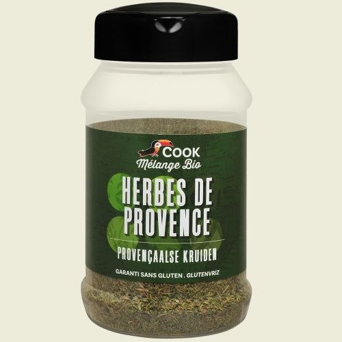Ierburi de Provence bio 80g Cook, recipient reutilizabil, capac negru, etichetă verde.