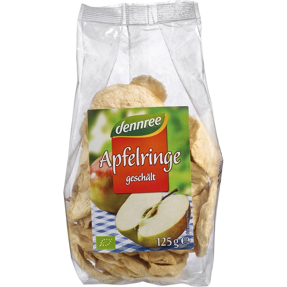 Inele decojite din măr bio Dennree 125g, pachet transparent cu etichetă colorată.