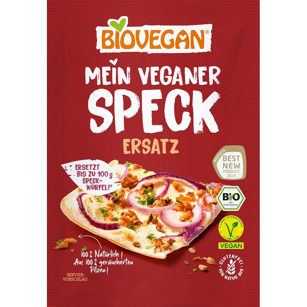Înlocuitor de șuncă vegan Biovegan cu ciuperci shiitake, ambalaj roșu, fără gluten.