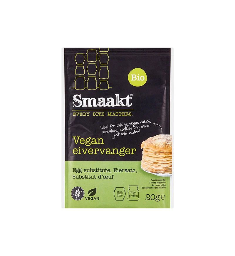 Inlocuitor vegan de ouă Smaakt, organic, 20g, ambalaj negru-verde, etichetă Bio.