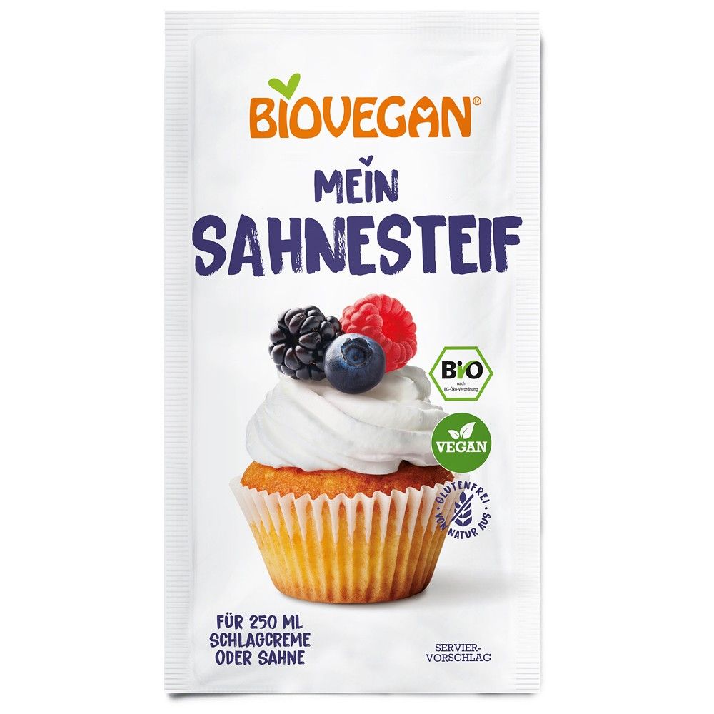 Biovegan întăritor pentru frișcă bio, pachet alb cu imagine cupcake și fructe.