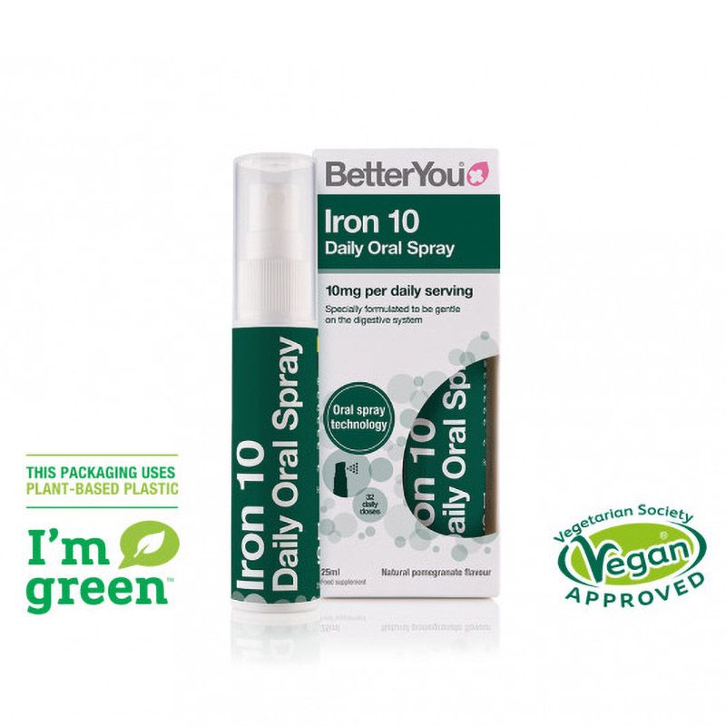Spray oral BetterYou Iron 10, 25 ml, verde cu alb, plastic ecologic, aromă rodie, certificare vegană.