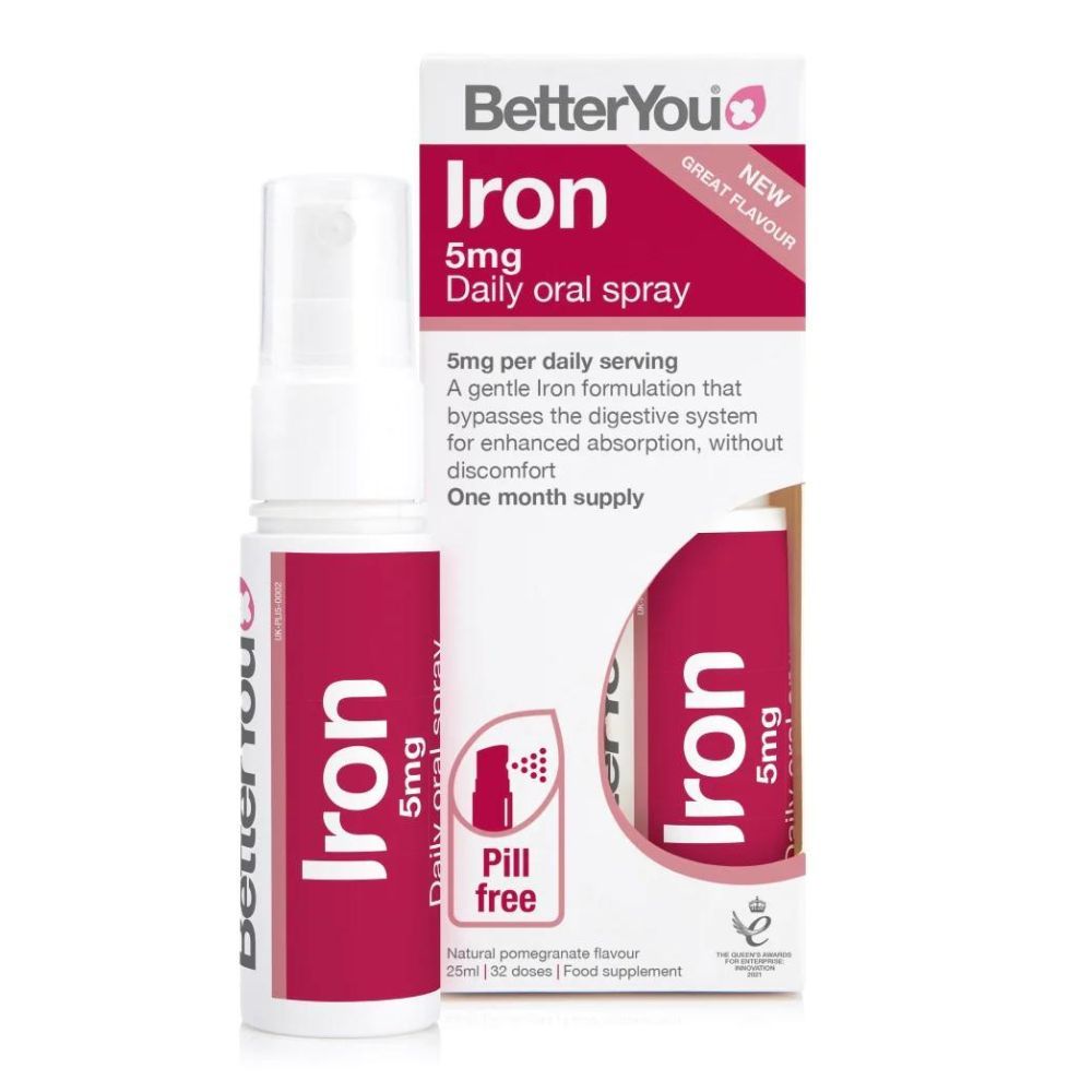 Spray oral fiole fier 5mg BetterYou 25ml, capac transparent, ambalaj roșu/alb, aromă de rodie.