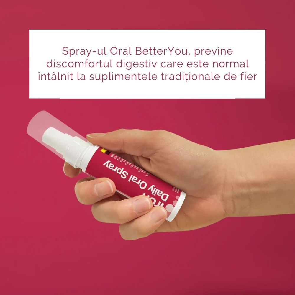 Spray oral BetterYou, textură fină, sticlă 25 ml, capac alb, recipient roz, mână umană ținând produsul.