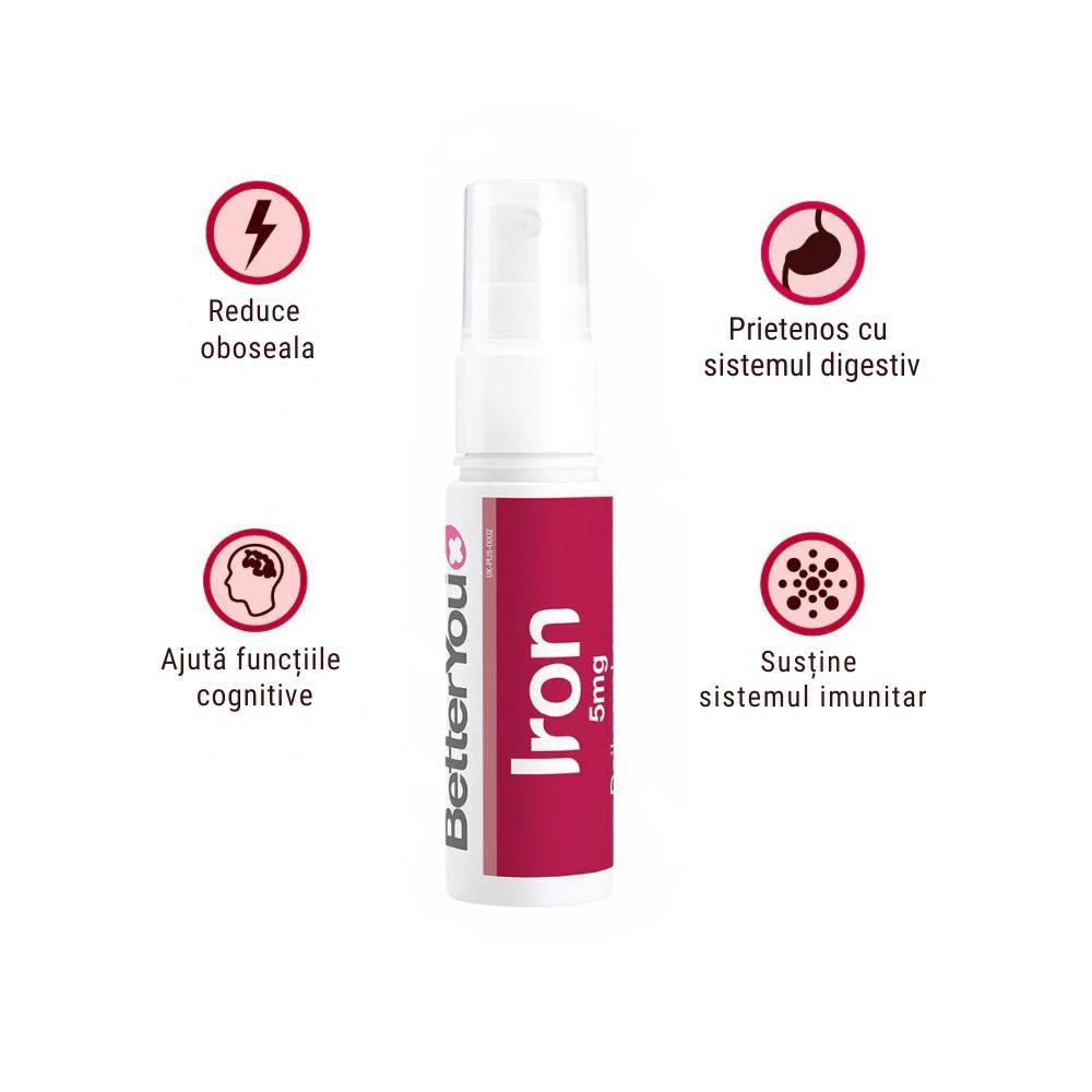 Spray oral fier BetterYou 5mg, flacon alb 25 ml, susține imunitatea, prietenos digestiv, reduce oboseala.