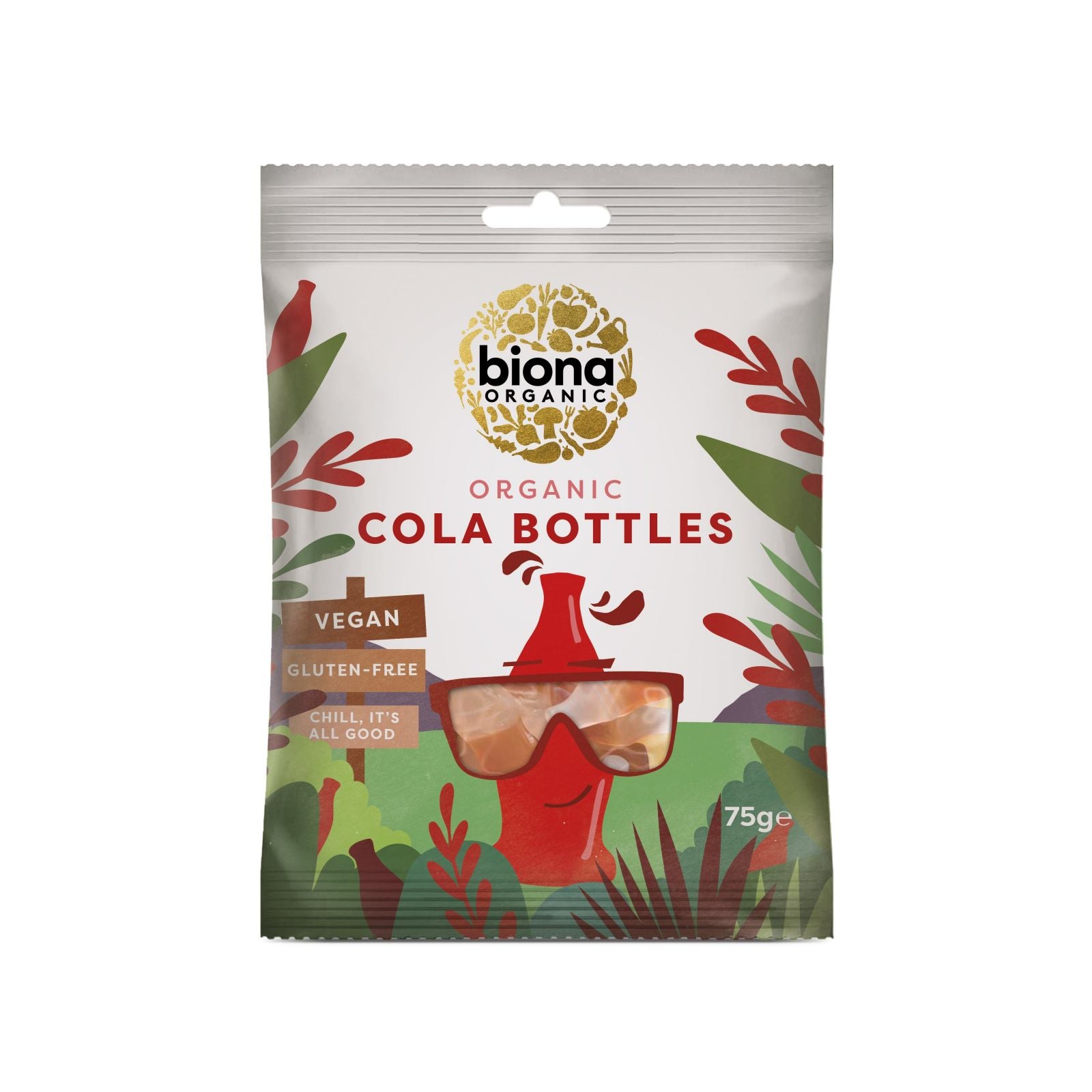 Jeleuri Cool Cola eco Biona 75g în ambalaj colorat cu sticluțe cola, vegan, fără gluten.