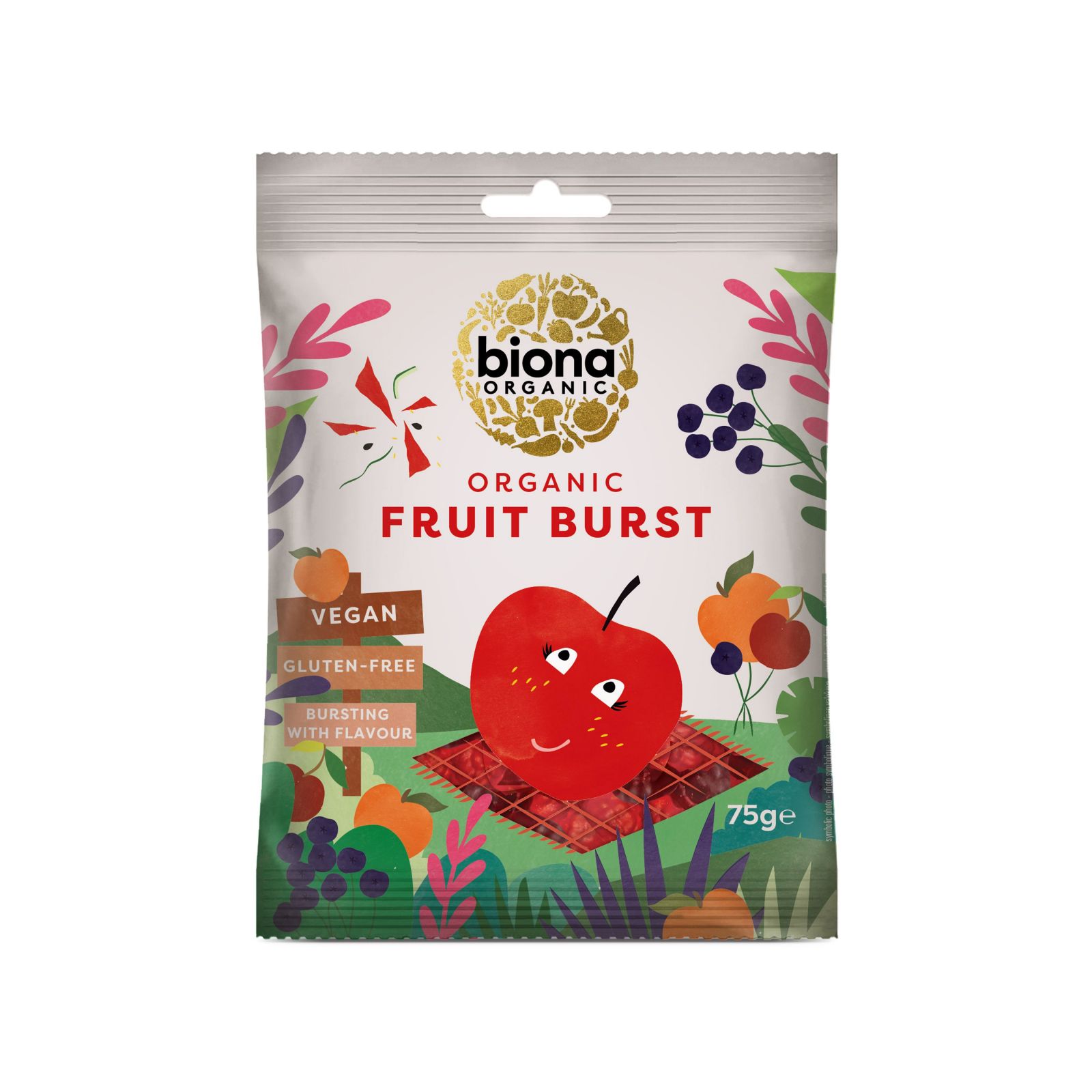 Jeleuri bio Fruit Burst Biona 75g, vegan, ambalaj colorat cu fructe desenate.