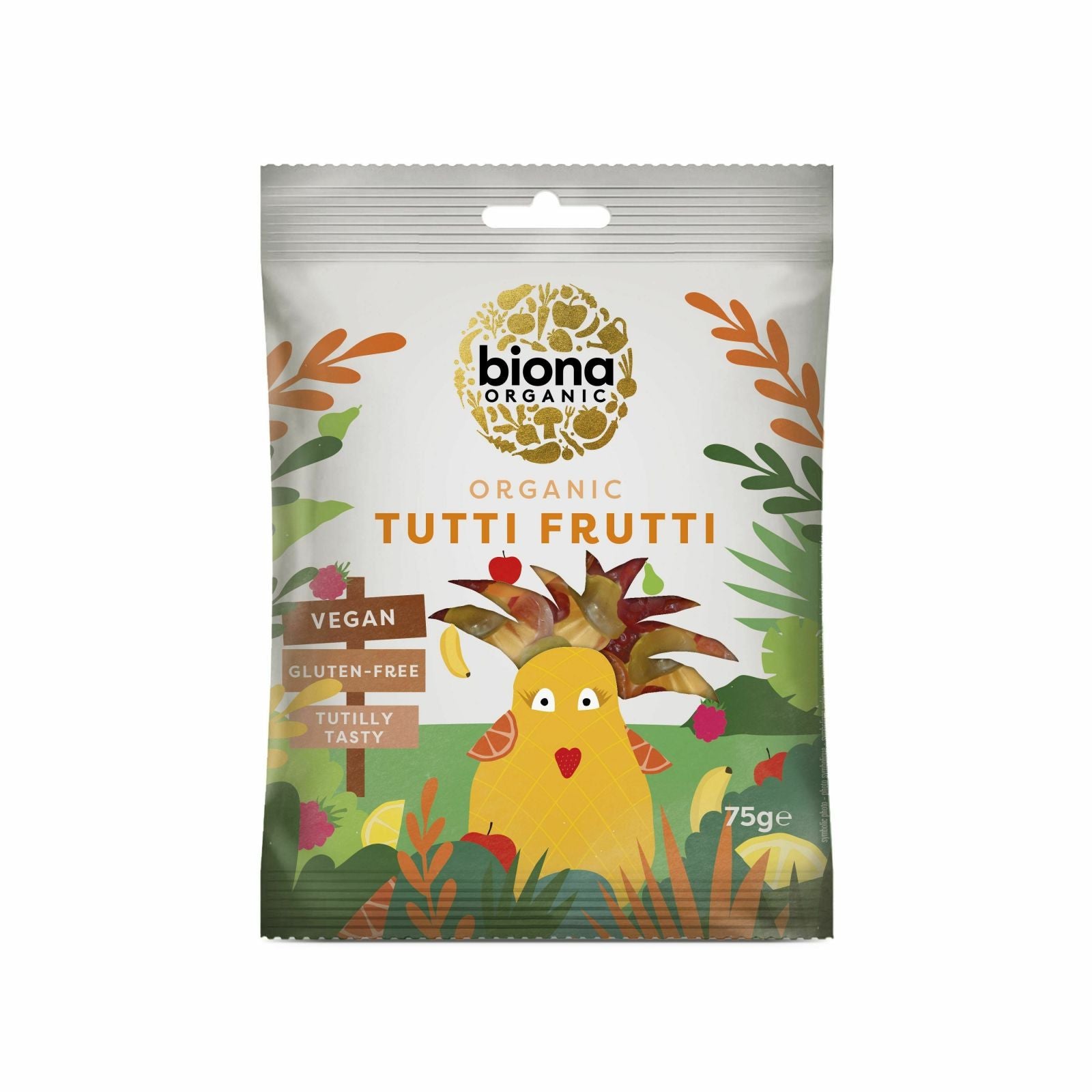 Pungă jeleuri tutti frutti BIONA eco, vegan, 75g, design colorat tropical.
