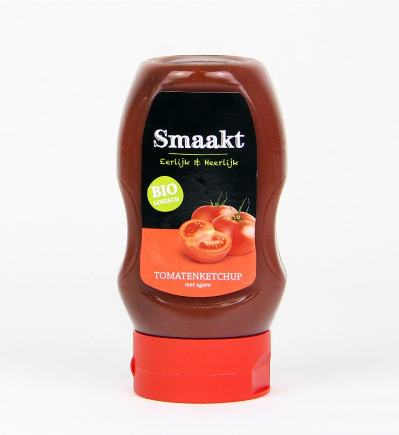 Ketchup bio 300ml Smaakt, roșu, ingrediente ecologice, etichetă cu roșii, capac roșu.