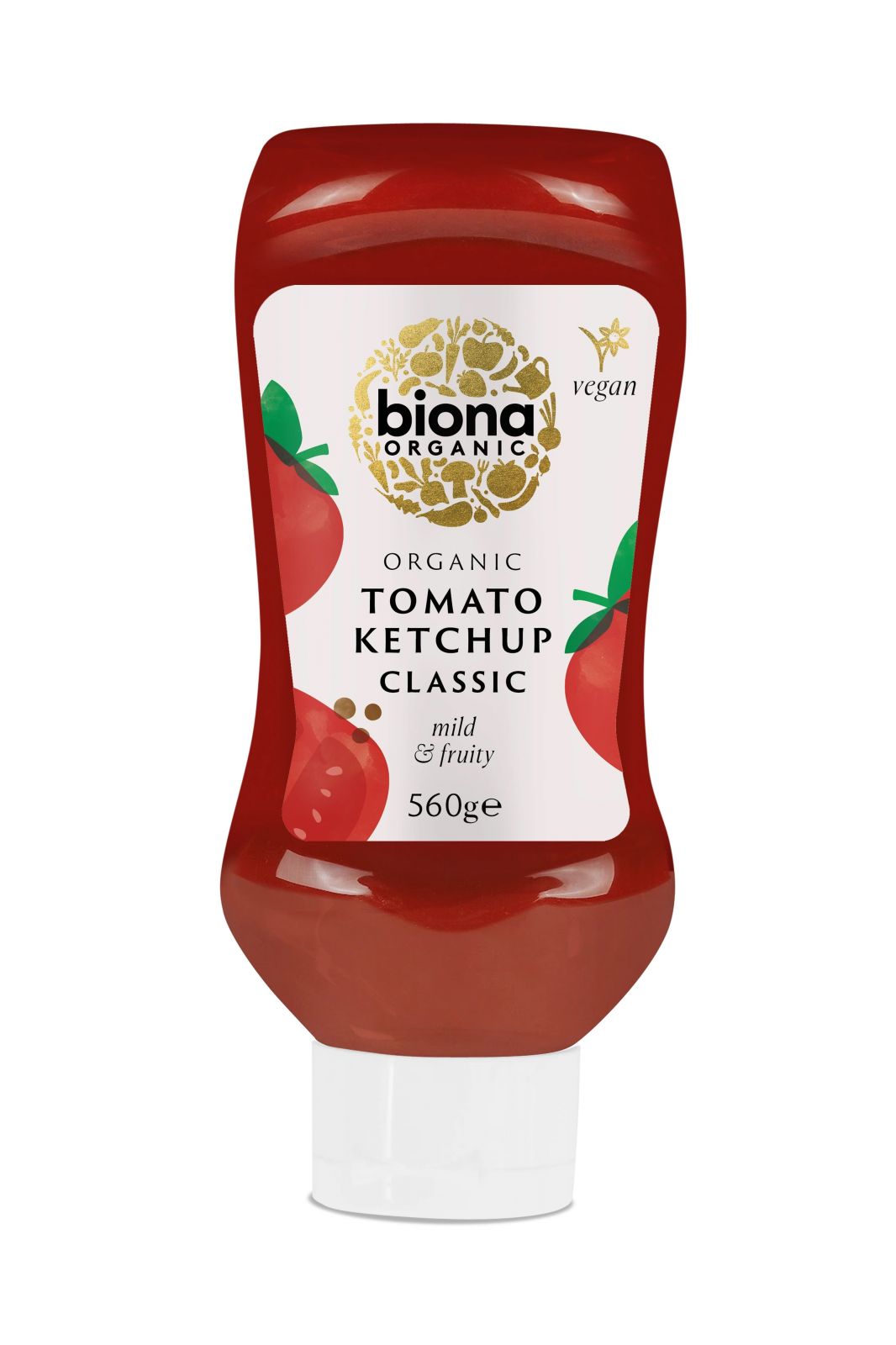 Ketchup ecologic Biona 560g sticlă roșie cu etichetă albă, ingrediente bio vizibile.