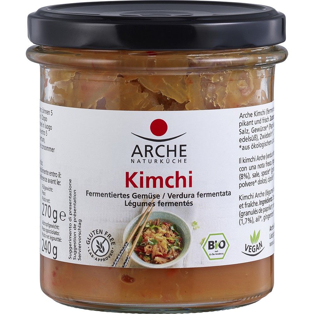 Kimchi bio Arche 270g, varză chinezească, ghimbir, usturoi, ardei iute, etichetă eco, vegan.