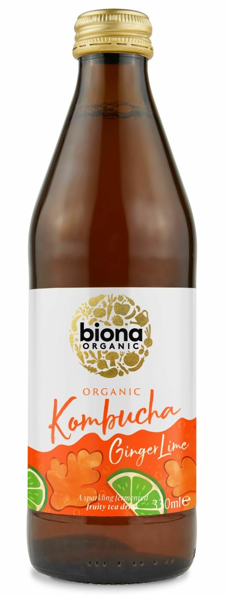 Kombucha bio Biona 330ml, ghimbir, lime, sticlă maro cu capac auriu.