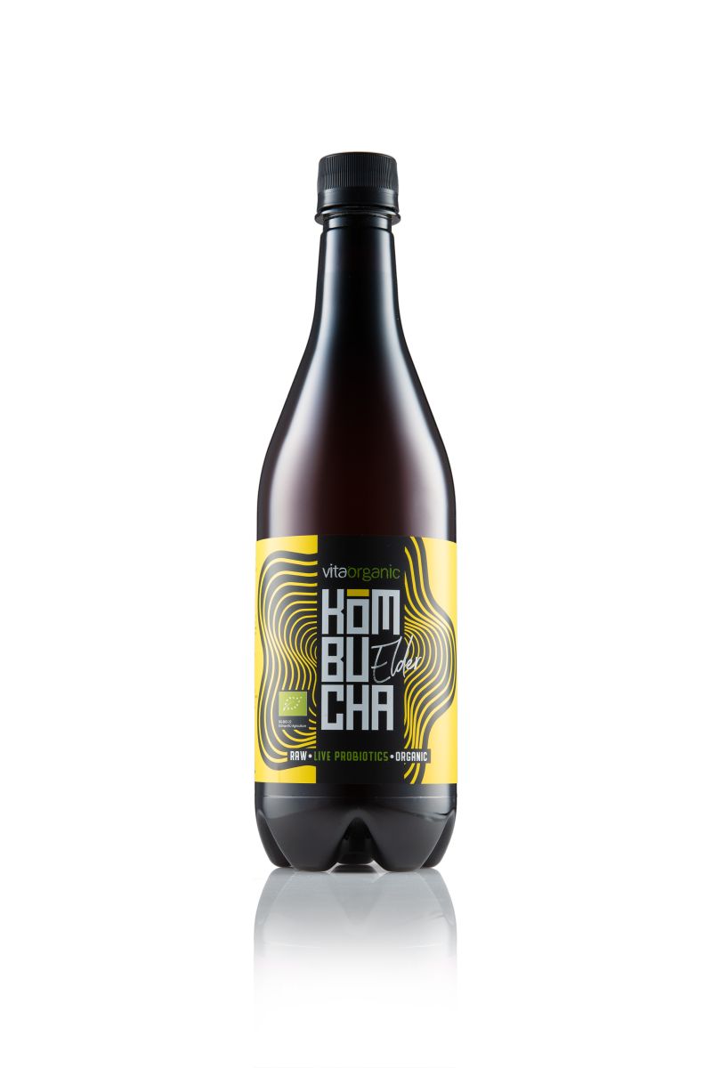 Kombucha cu soc bio Vita Organic, sticla maro 750 ml, etichetă galbenă și neagră.
