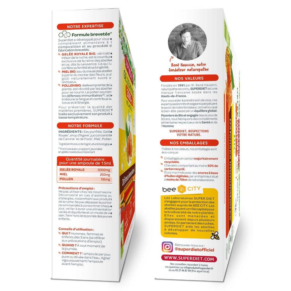 Cutie Lăptișor de Matcă Gelee Royale SUPERDIET 3000 mg, fiole din sticlă, design eco, text informativ, culori alb-roșu.