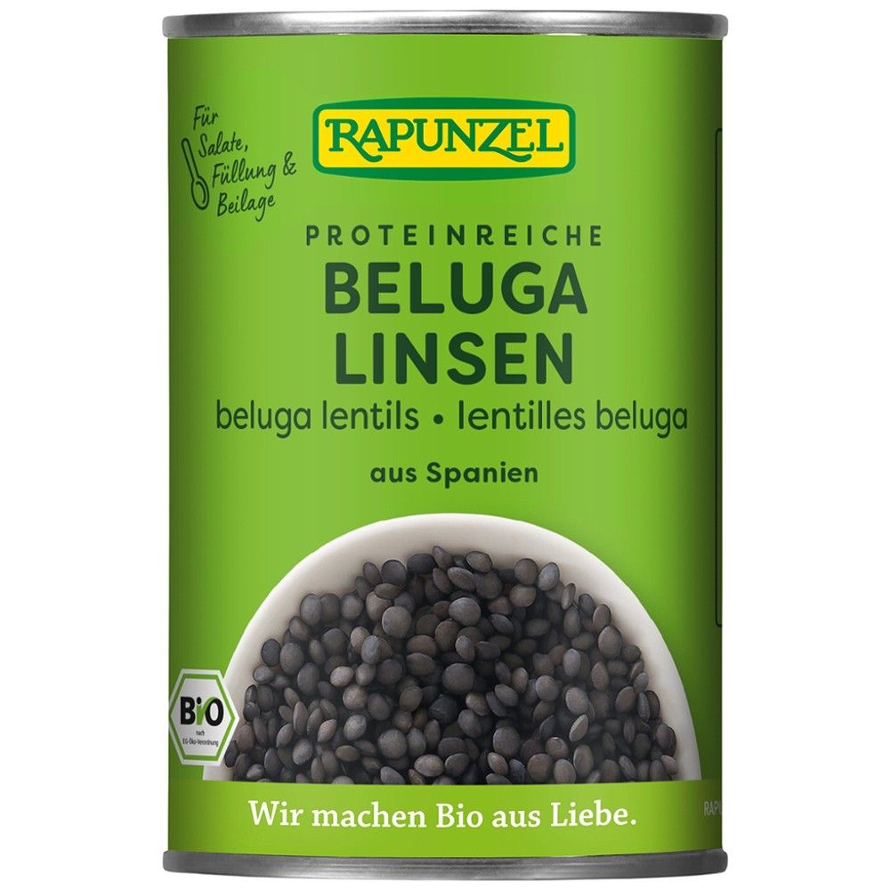 Linte beluga neagră bio Rapunzel 400g, conservă verde, textură fermă.