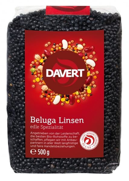 Linte neagră Beluga, bio, 500g Davert, culoare negru intens, ambalaj roșu.