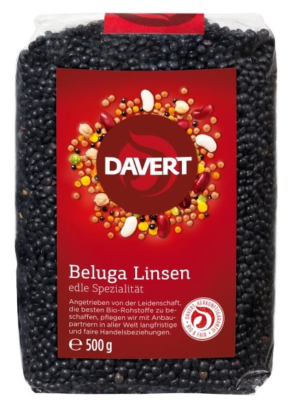 Linte neagră Beluga bio 500g Davert ambalaj roșu și negru, vedere laterală.