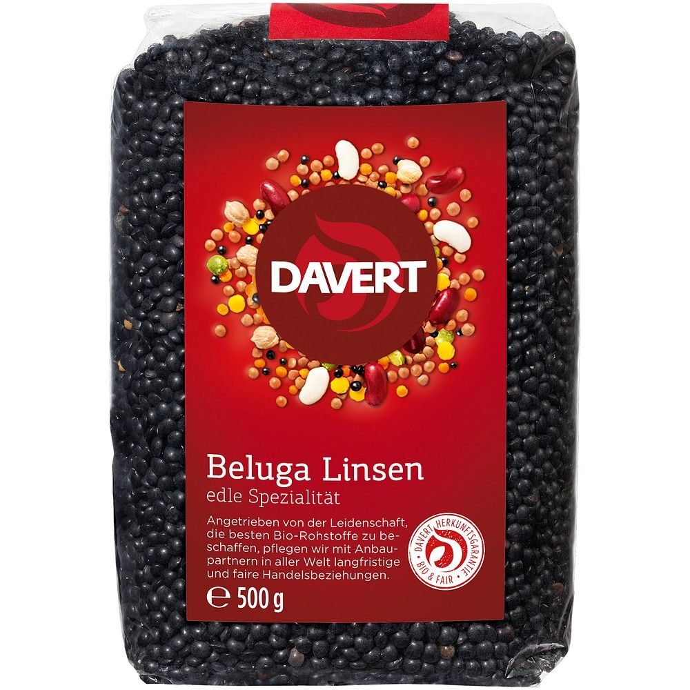 Linte neagră Beluga bio Davert, ambalaj roșu, 500g, detaliu textură boabe fine.