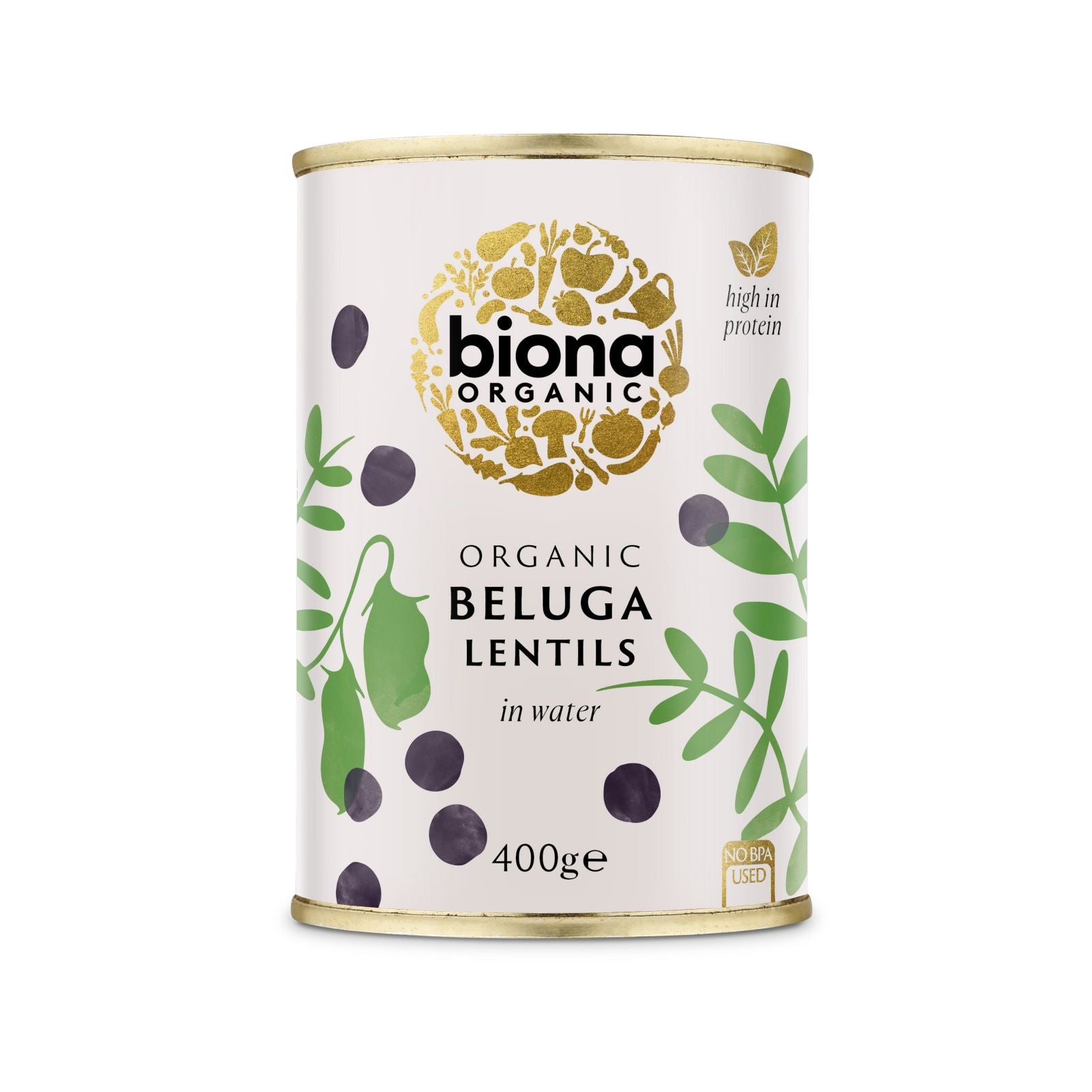 Conservă linte neagră Beluga bio 400g Biona, ambalaj metalic alb-verde, fără sare.