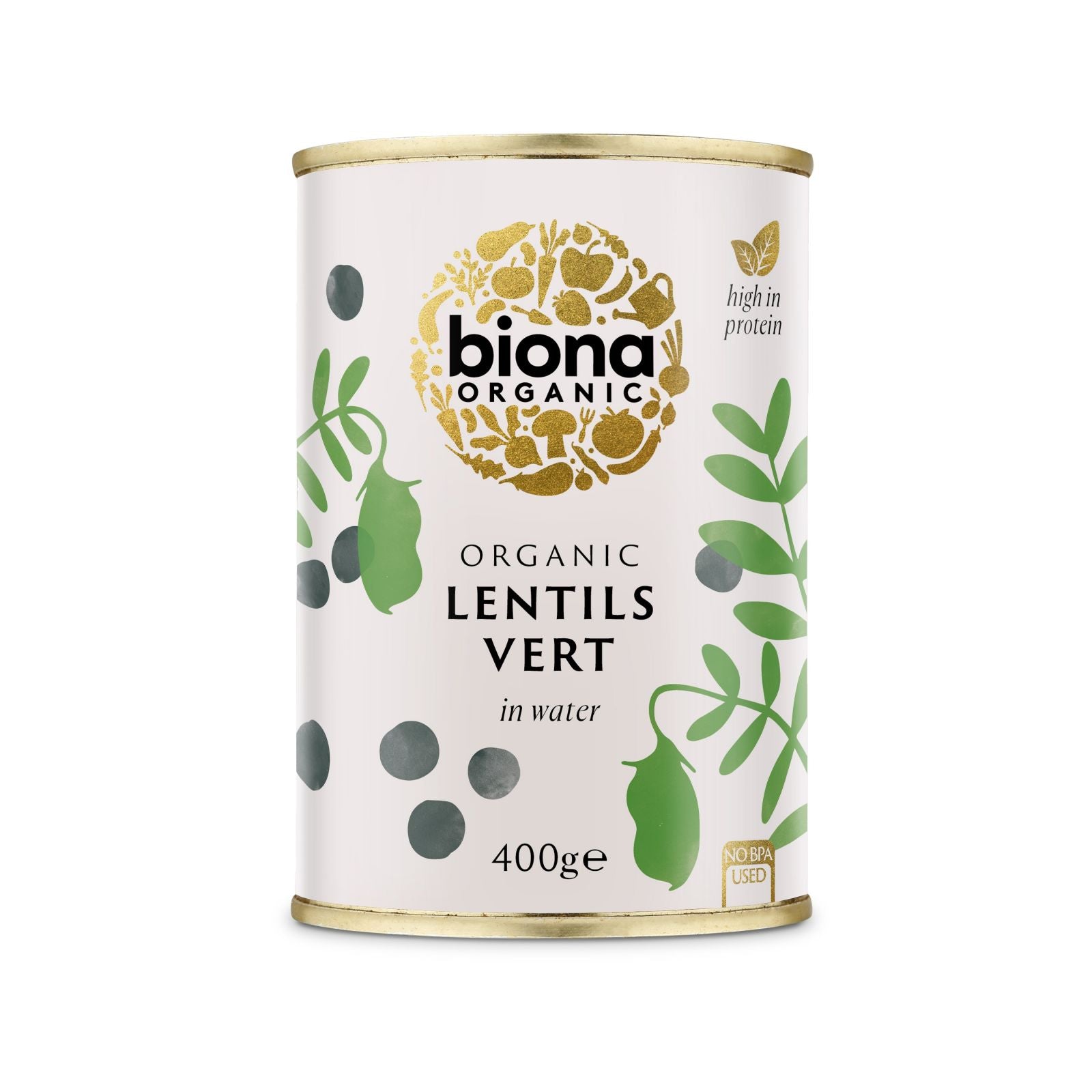 Conservă Biona linte verde bio 400g, fără sare, decor verde-maro, etichetă eco.