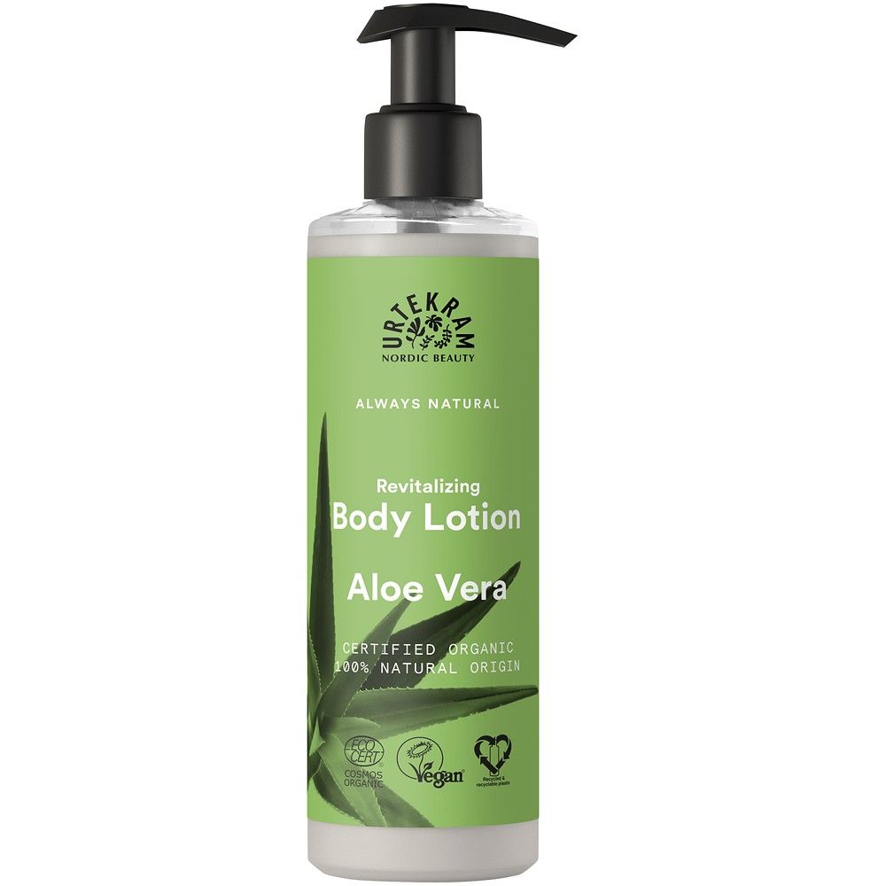 Lotiune de corp Urtekram cu aloe vera 245ml, flacon verde, certificată organic, pentru piele sensibilă.