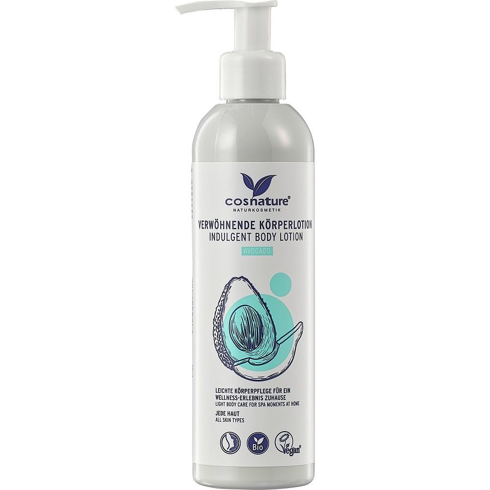 Lotiune de corp Cosnature cu avocado 250ml, sticlă albă cu pompiță, certificare bio și vegan.