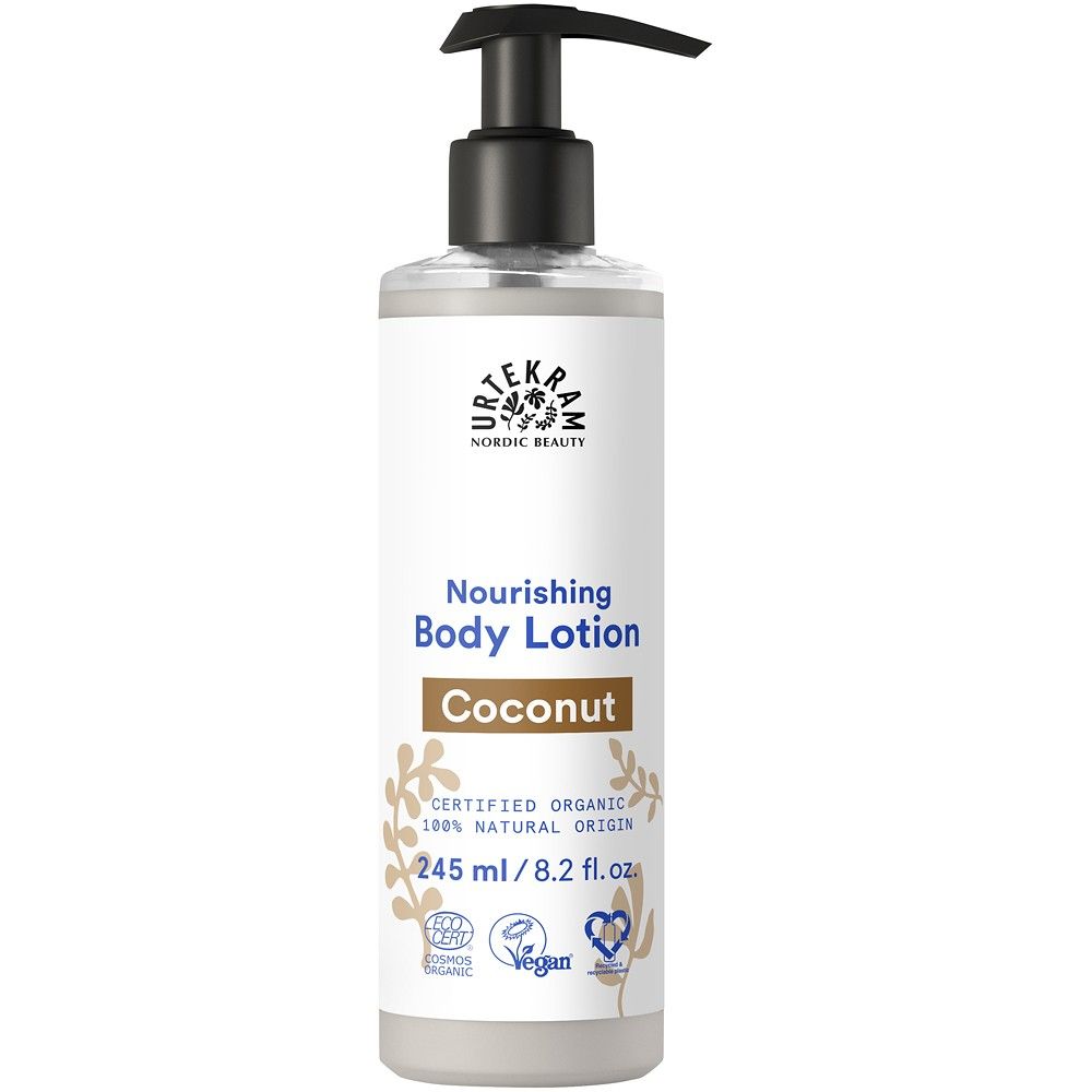 Loțiune de corp cu cocos Urtekram, 245ml, formulă organică, hidratare intensivă, parfum natural, flacon cu pompă.