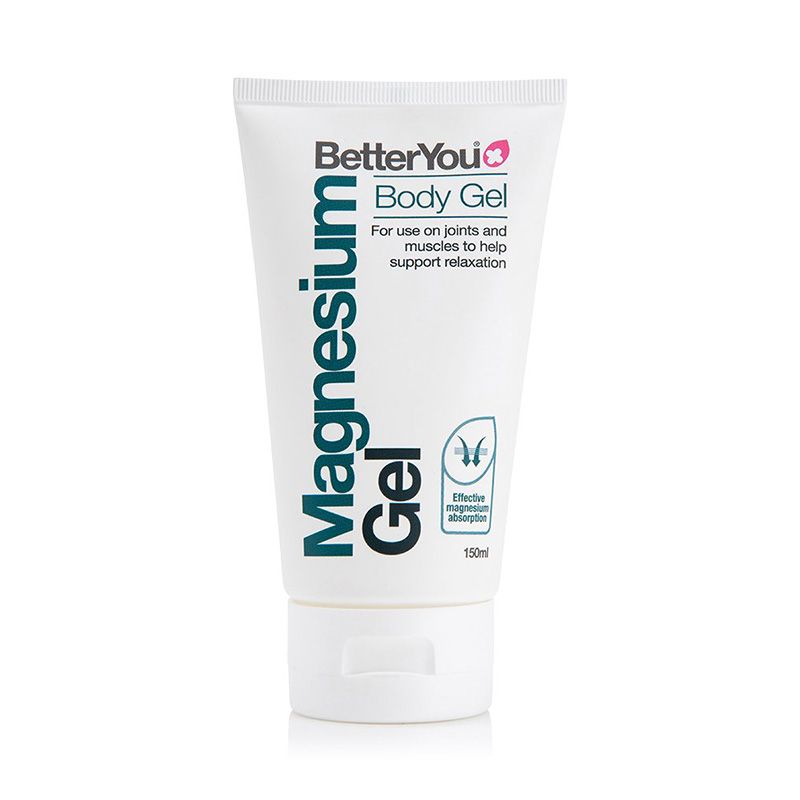 Magnesium Body Gel BetterYou, tub alb 150 ml, text turcoaz și negru.