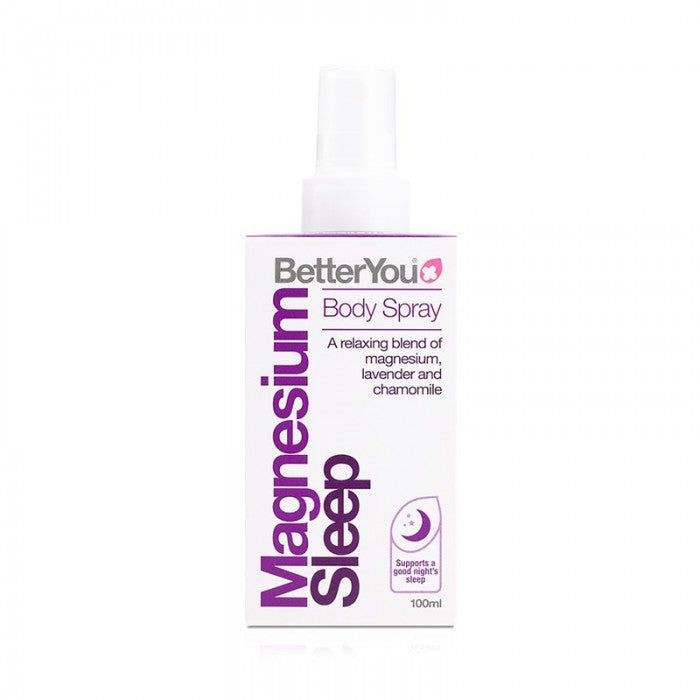 Spray corp BetterYou Magnesium Sleep 100 ml, alb mov, relaxare magneziu lavandă mușețel.