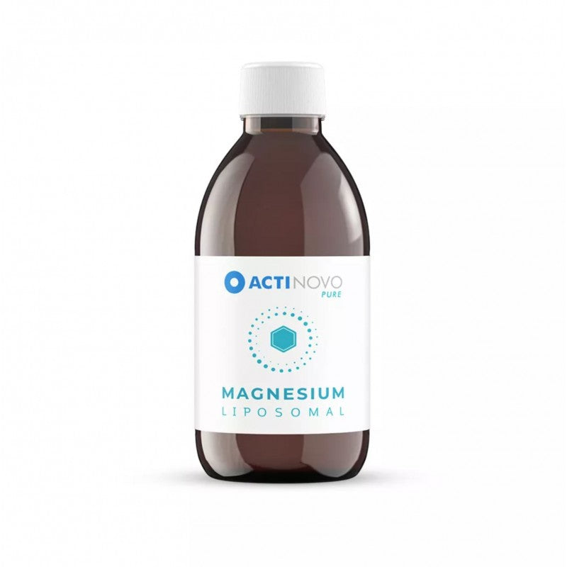 Sticlă de magneziu lipozomal Actinovo, 250ml, etichetă albă și capac alb.