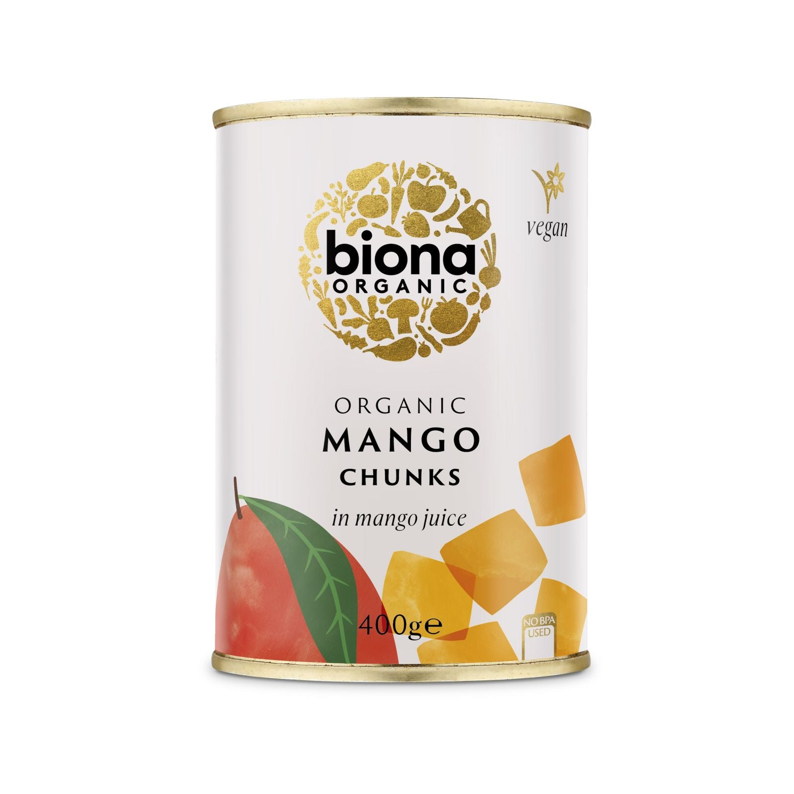 Conservă Biona cu bucăți de mango ecologic, 400g, fundal alb, detaliu fruct și suc.