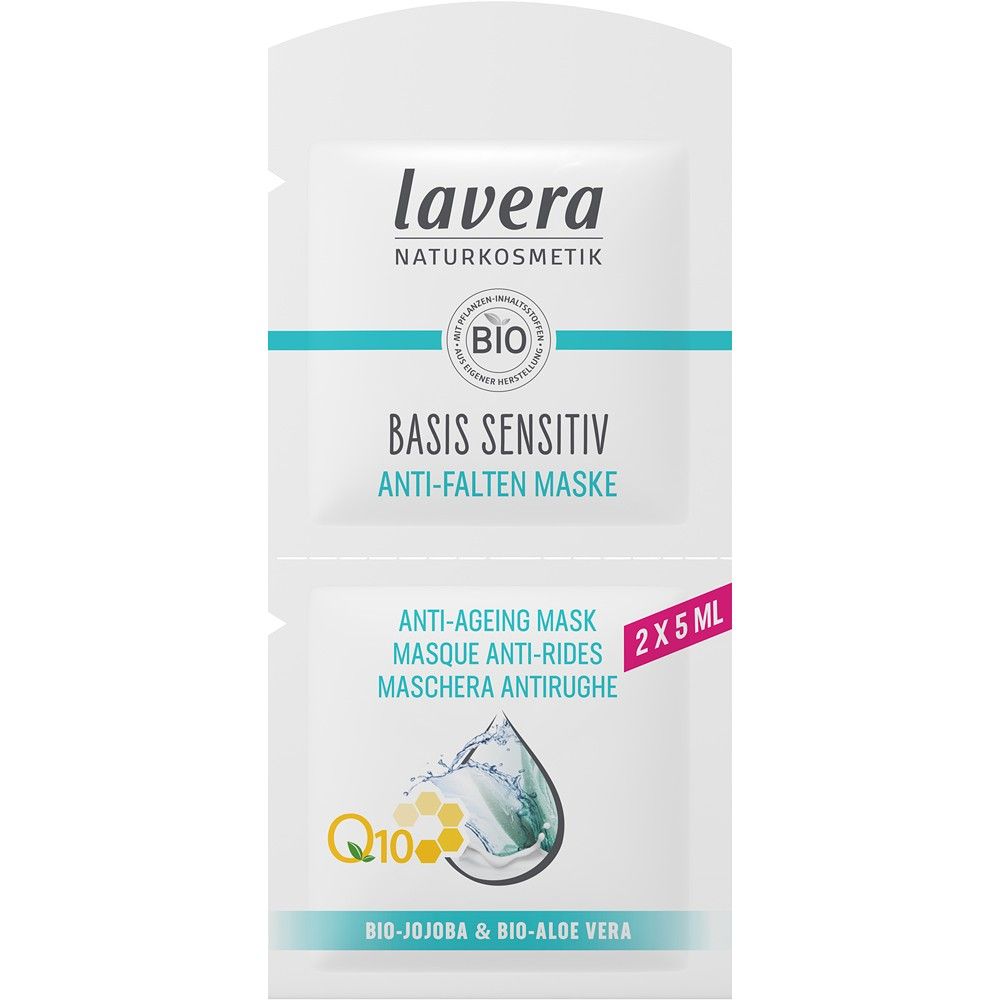 Masca antirid Lavera cu Q10, jojoba bio, aloe vera, 10ml, alb, text albastru, detalii pe ambalaj.
