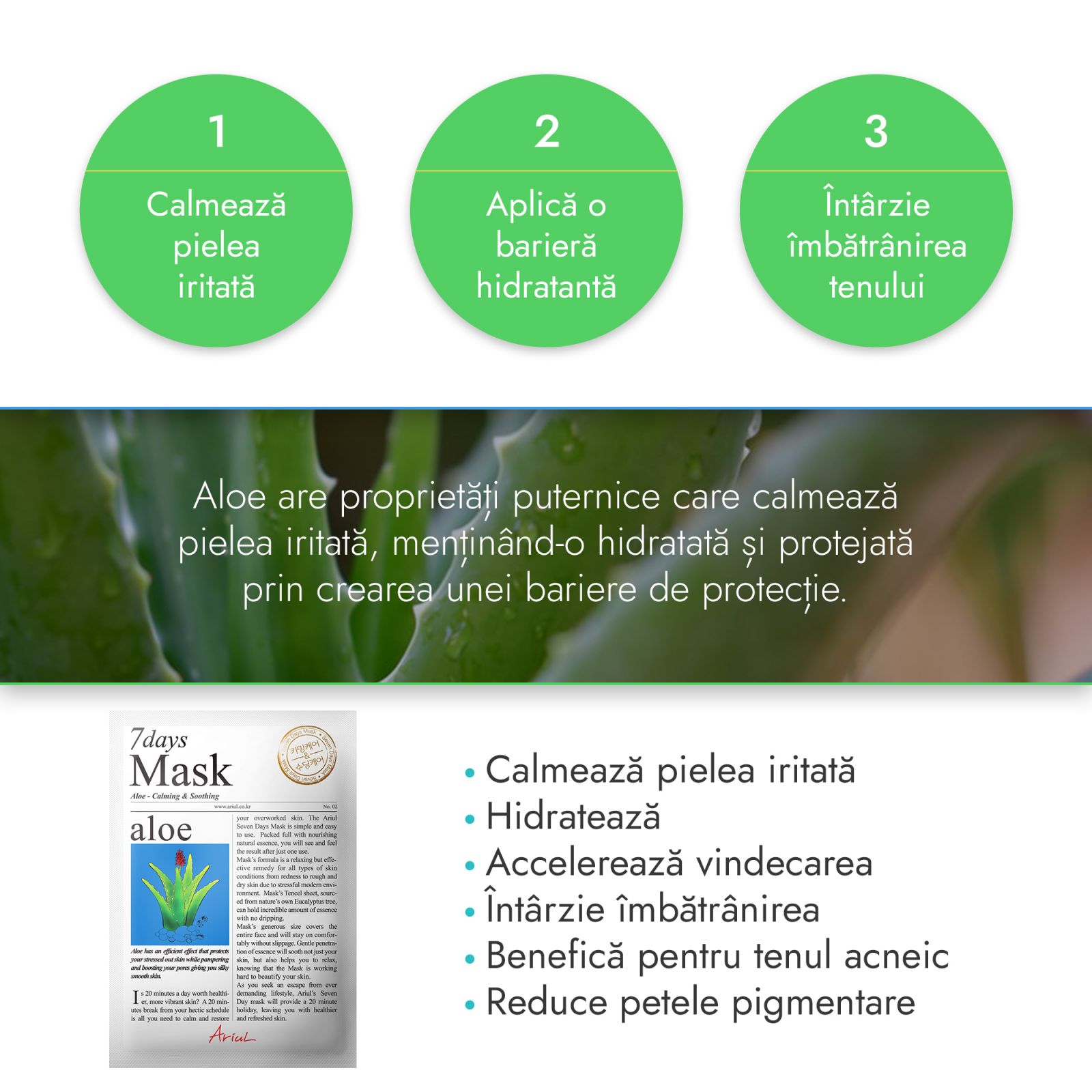 Detalii mască șervețel aloe vera, calmare piele iritată, Ariul, verde, proprietăți hidratante și anti-îmbătrânire.