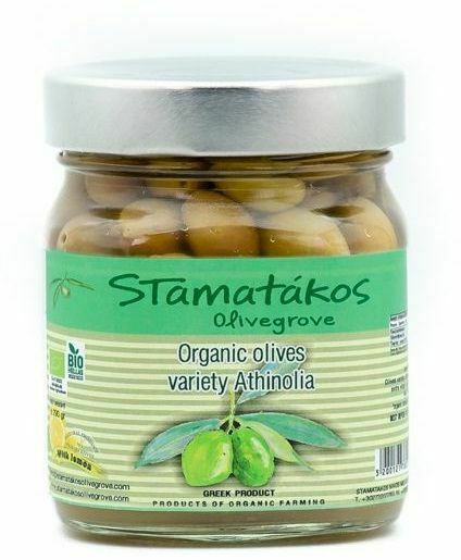 Măsline verzi Athinolia bio, cu cimbru și lămâie, 290g, borcan Stamatakos Olivegrove.