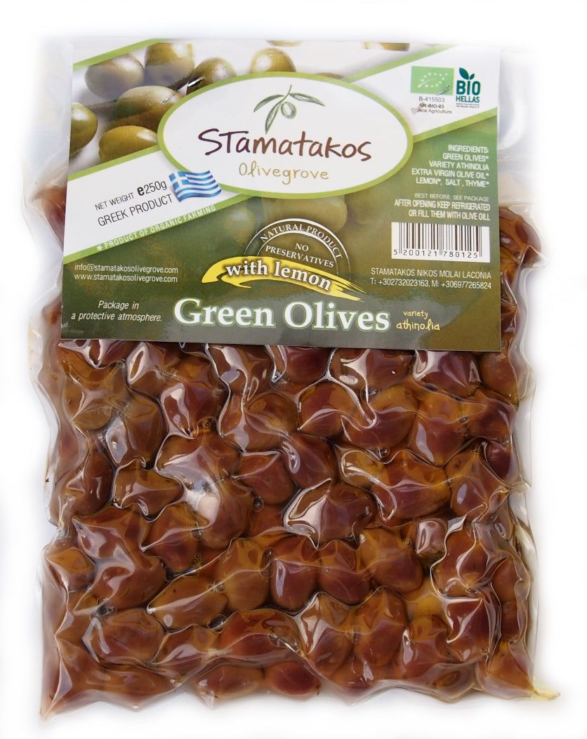 Măsline verzi vidate bio 250g Stamatakos cu lămâie, ambalaj transparent.