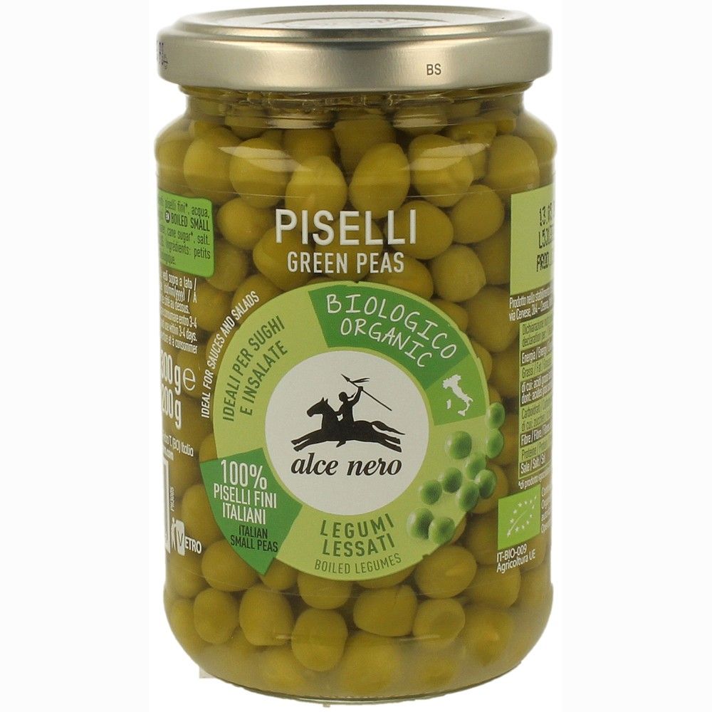 Mazăre bio fiartă Alce Nero 300g, borcan sticlă, etichetă verde, ecologic.